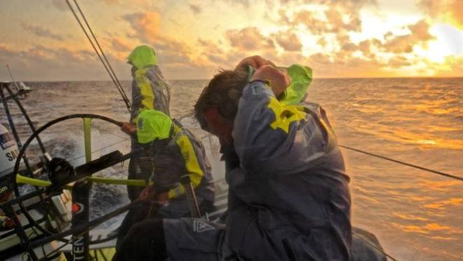 Onboard Team Brunel – Andrew Capey Cape is just a second too late with his capuchon - Leg six to Newport – Volvo Ocean Race 2015 © Stefan Coppers/Team Brunel